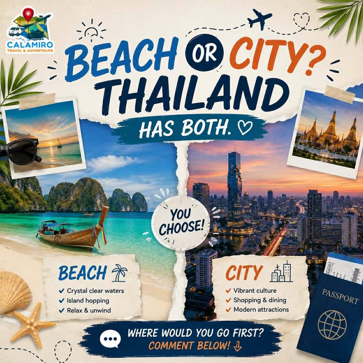 vale777777's tweet photo. Beach or city? Thailand has both. Escape to crystal-clear shores, island adventures, vibrant culture, markets, temples, and unforgettable cuisine. Which would you choose first: BEACH or CITY? https://t.co/pcC2dk6oVR