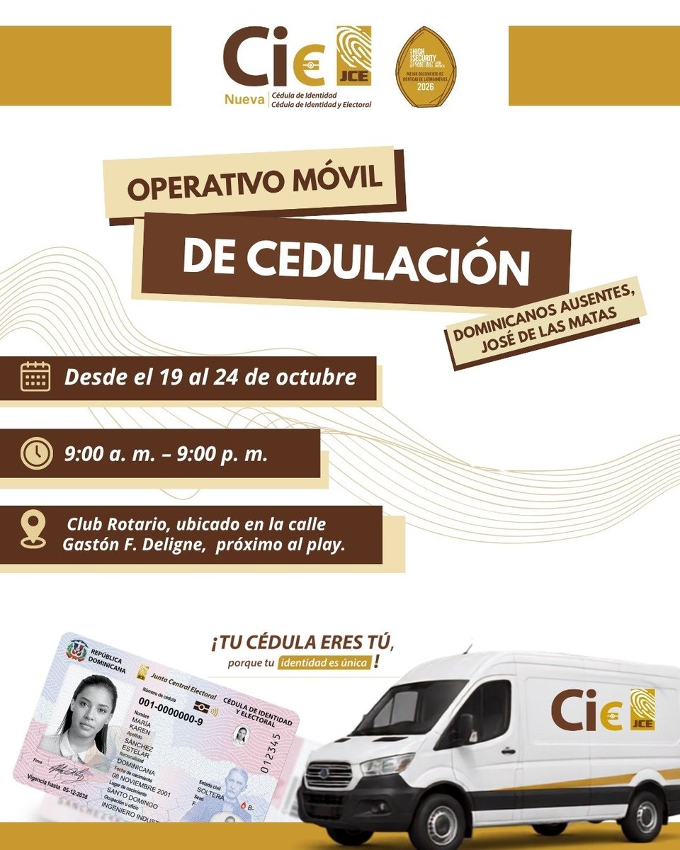 juntacentral's tweet photo. 📍Dominicanos Ausentes, José de las Matas, provincia Santiago: del lunes 19 al viernes 23 de octubre, de 9:00 a. m. a 9:00 p. m.

📍Paya, Baní, provincia Peravia: del sábado 17 al martes 20 de octubre, de 8:00 a. m. a 7:00 p. m.

📍Canoa, provincia Barahona: del sábado 17 al miércoles 21 de octubre, de 8:00 a. m. a 7:00 p. m.