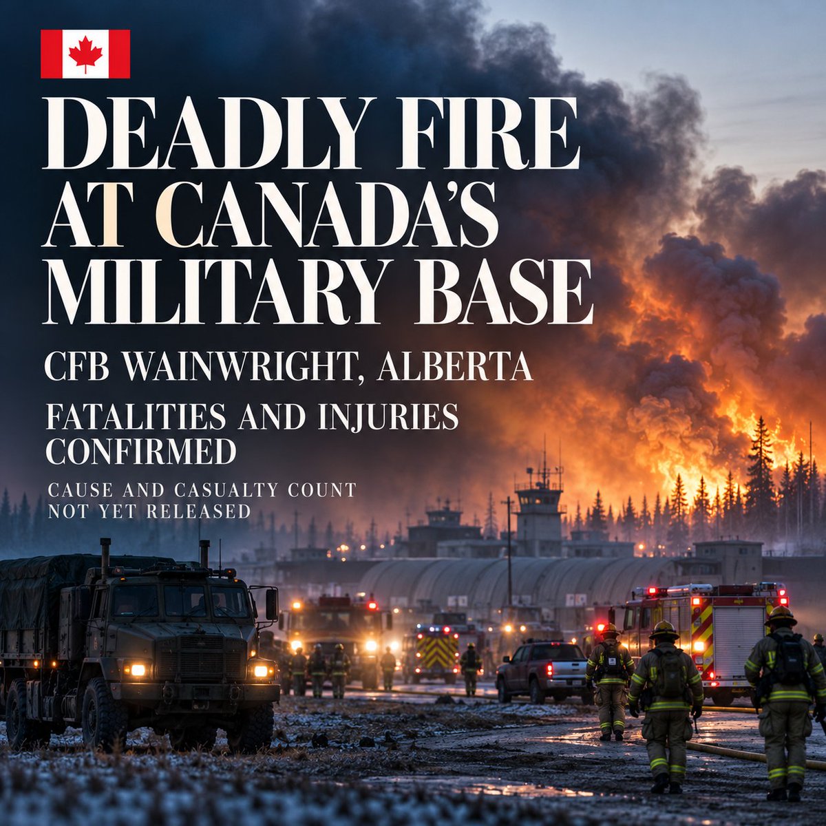MerandaDevan's tweet photo. 🇨🇦🚨 DEADLY FIRE AT CANADA’S MILITARY BASE!

A major fire at CFB Wainwright in Alberta has left people dead and others injured. What triggered the blaze? How many lives were lost? Critical questions remain as investigators work to establish what happened. https://t.co/ocNaWXqgCY