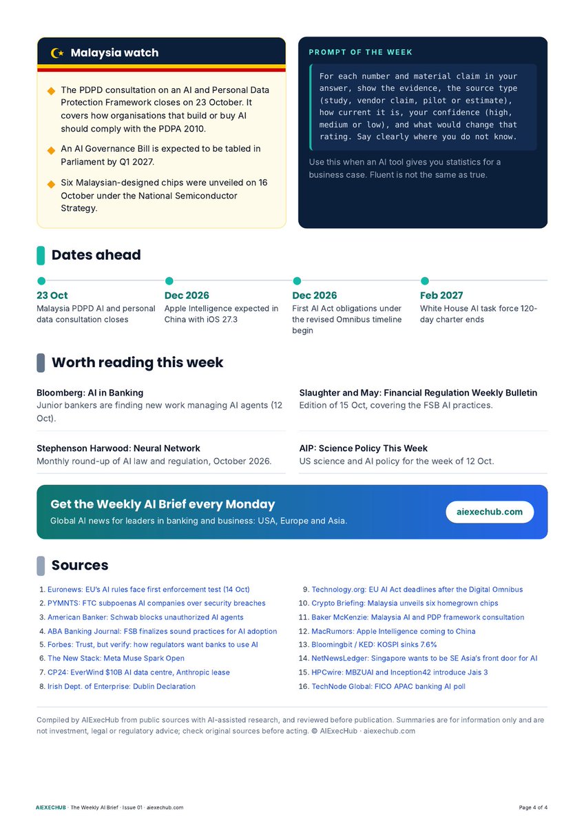 arifsddq's tweet photo. This week regulators caught up with AI agents: the EU AI Office acted, the FTC subpoenaed OpenAI and Anthropic, and Schwab and JPMorgan blocked outside agents. Plus Malaysia's six home-designed chips. AIExecHub Weekly AI Brief, Issue 01 Full PDF: https://t.co/NiYWG6Zjkp #AI #Banking