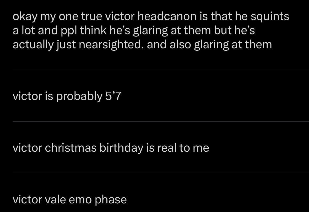 girlovid's tweet photo. victor vale facts that came to me in a dream https://t.co/ih00OjX6kc