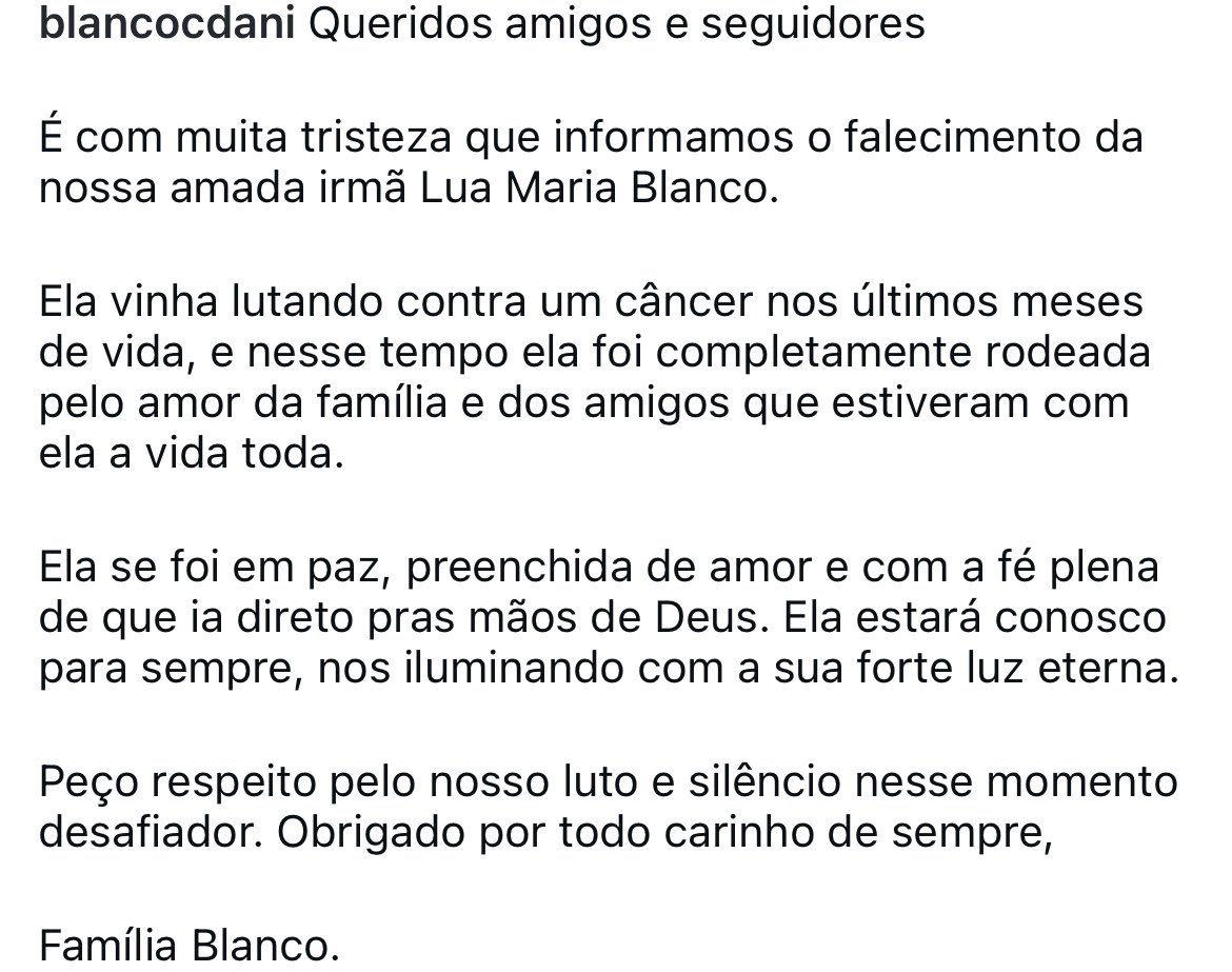 vaidesmaiar's tweet photo. Daniel Blanco usou as redes sociais para informar o falecimento de sua irmã, Lua Blanco, aos 39 anos. A atriz enfrentava um câncer. Desejamos muita força! https://t.co/wFtMEvK3lQ