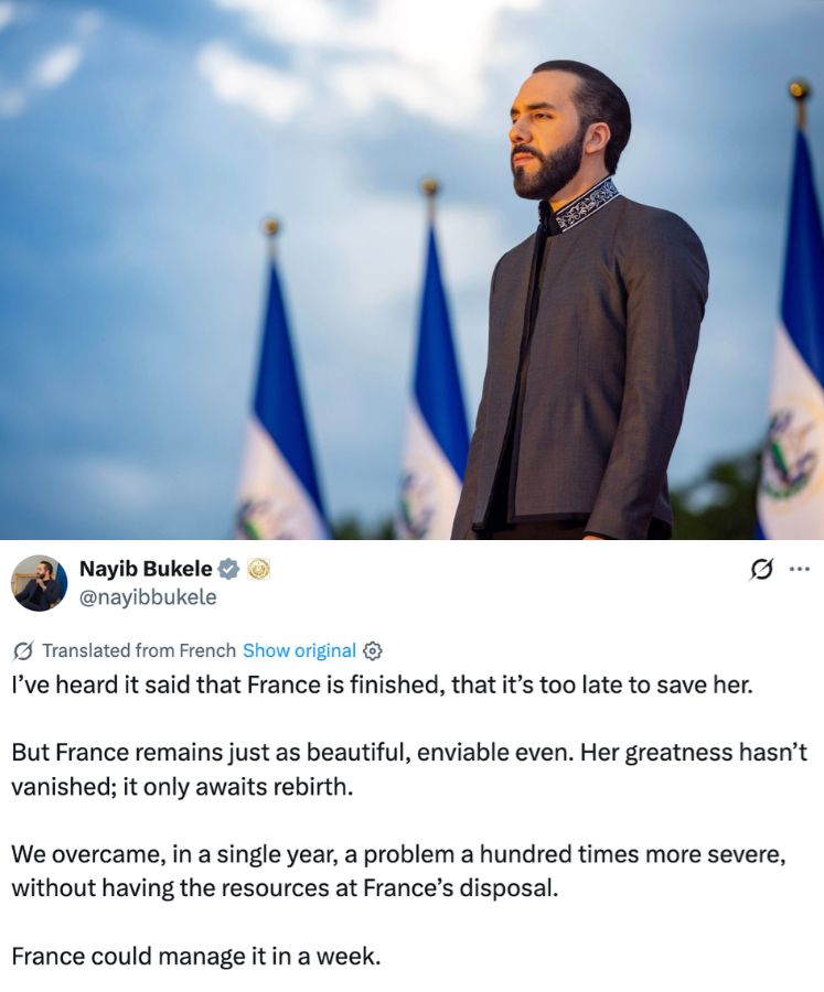 MarioNawfal's tweet photo. 🚨🇸🇻🇫🇷 Nayib Bukele has a solution for France...

El Salvador's president compared France to his own country, saying it overcame a problem “a hundred times more severe” in a year, with FAR fewer resources.

“France could manage it in a week.”

Sadly, so many European leaders seem determined to see the "suicidal" part of suicidal empathy through...

Source: @nayibbukele / Writers: Samuel, Michael