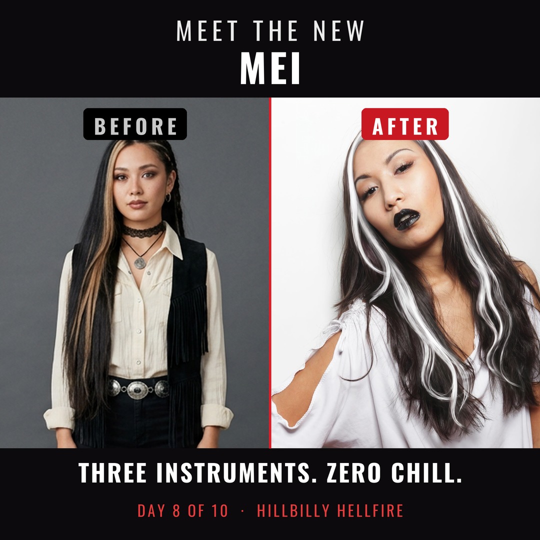 CyberMetalRec's tweet photo. 🔥 MAKEOVER DAY 8 OF 10 🔥
Mei plays guitar, shamisen AND taiko, and still out-dances everybody.
New look: silver streaks, black lips, zero chill.
Shamisen, taiko, koto or electric on the next song? 👇
3 days to #8DaysBeforeHalloween.
#HillbillyHellfire #BandMakeover https://t.co/bExZBHyeX3