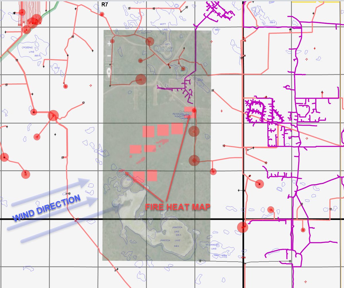 MrCanuckle's tweet photo. A map of the active natural gas wells (Aug-Oct production), with the NASA heat maps superimposed.

The  fire at CFB Wainwright was NOWHERE NEAR an active gas wells or pipelines. The wind direction suggests the fire started on range around the dry pond labeled "6602" and raged to the NEE towards infrastructure.  

The largest producer was at 50 mcf/d .... very low rate. And its operator (Sumerian Oil & Gas) was ordered by the AER to suspend operation on October 5th, but was planning on appealing the decision the day of the incident. 

This story will be told in inquiry by the RSO responsible for this operation, as the winds howled to >100 km/h ....
@TamaraRobb59383 
@freedom_farmr 
@BertaProudDad 
@Martyupnorth 
@TheBreadRadio
