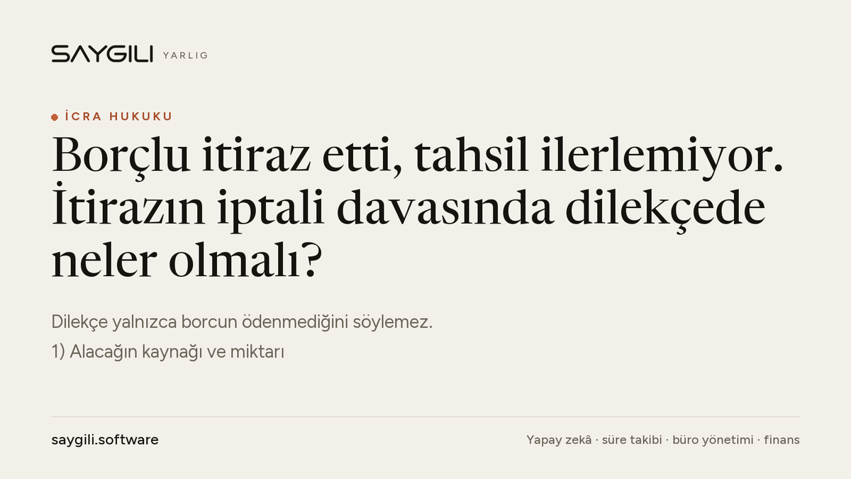 YarligAI's tweet photo. Borçlu itiraz etti, tahsil ilerlemiyor. İtirazın iptali davasında dilekçede neler olmalı?

Dilekçe yalnızca borcun ödenmediğini söylemez.
1) Alacağın kaynağı ve miktarı
2) Takip dosyasının ayırt edici bilgileri
3) İtirazın neden yerinde olmadığı ve istenen sonuç

#İcraHukuku https://t.co/mBnP5QYC7t