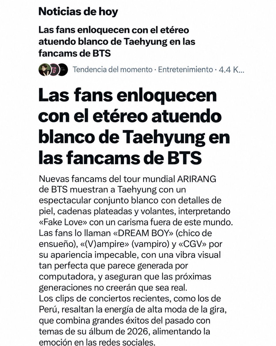 thvstreamMx's tweet photo. 📰✨ ¡TAEHYUNG ES TENDENCIA Y SU BELLEZA PARECE IRREAL! 

Lo más llamativo de la noticia es que no solo destacan la belleza de Taehyung, sino también su presencia escénica, su vestuario y el impacto que está causando durante la gira.
La expresión CGV es especialmente interesante: es un juego de palabras entre CG (gráficos generados por computadora) y V, su nombre artístico. Se utiliza para expresar que su belleza parece irreal.

🤍 Las próximas generaciones no creerán que sea real.

🎥 © owner

#TAEHYUNG #V #KimTaehyung