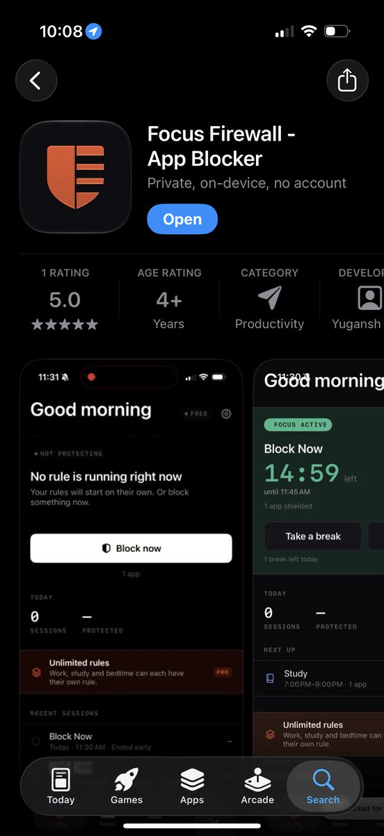 YuganshJ's tweet photo. iPhone app blocker with no account, no server, no analytics. Zero networking code in the app.
Block Now, recurring rules, per-app breaks. Free tier actually works.
https://t.co/sPqQZrrOFZ

#buildinpublic #iosdev #digitalwellbeing #productivity https://t.co/ZRNr7fZmrR