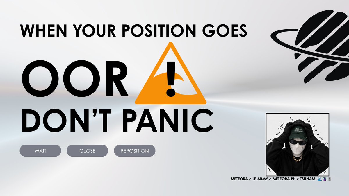 upabout10bucks's tweet photo. What to do when a position goes OOR? Don't panic. (WAIT, CLOSE, REPOSITION)

One thing I've learned from LPing on Meteora DLMM: when your position goes OOR, you need presence of mind.

Don't rush to click anything. Take a breath, assess the situation, and decide your next move.

The best way to handle OOR is to have a proper setup from the beginning: a well-planned range, a strategy that fits the market, and risk you're willing to take.

But let's be real. Any token can dump hard, and no setup is immune to it.

When that happens, the question isn't just how to get back in range. It's whether you should WAIT, CLOSE, or REPOSITION.

Here are 3 real examples of my positions going OOR on the downside and how I handled each situation.

#MetPHOnlyUp @Meteora_PH @met_lparmy @MeteoraAG