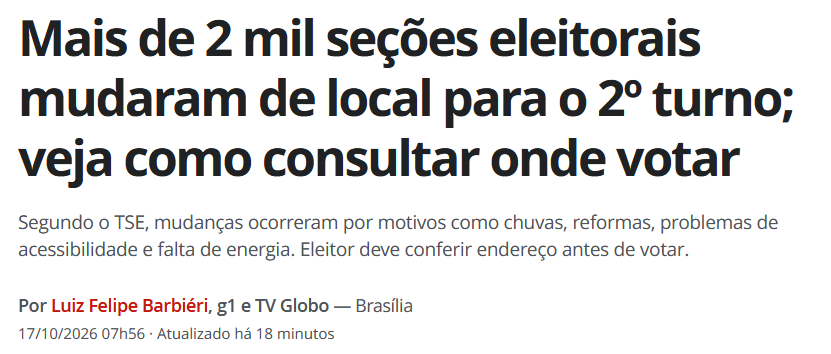 g_contracensura's tweet photo. Antes de sair de casa no dia 25, confere onde você vota.

Mais de 2 mil seções mudaram de endereço para o 2º turno. Os motivos informados pelo TSE são estragos de chuva, obra que não terminou, falta de energia e acessibilidade.

Muita gente só vai descobrir quando chegar na escola de sempre e ela estiver fechada. Não deixa isso acontecer com você nem com a sua família.

Leva 1 minuto pra conferir. O link tá aqui embaixo.

Compartilha no grupo da família. Sempre tem alguém que não vai ver.