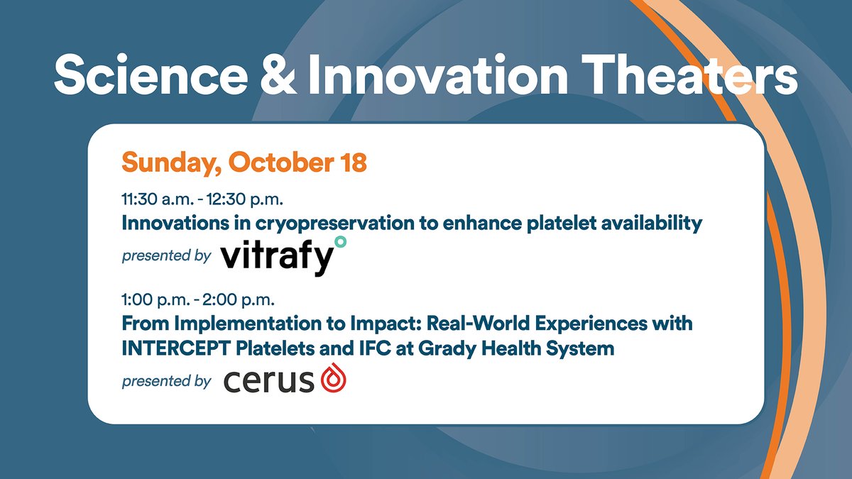AABB's tweet photo. Our next Science &amp; Innovation Theater, presented by Cerus Corporation, shares real-world experiences with INTERCEPT Platelets and IFC at Grady Health System, from implementation to impact.

⏰: 1 – 2 pm ET
📍 Exhibit Hall 

#AABB2026 https://t.co/chdmebs1Qw