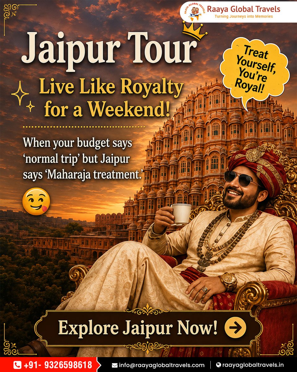 CCG6CCG's tweet photo. Experience Jaipur like royalty this weekend. Explore grand palaces, vibrant markets, rich heritage, and authentic Rajasthani cuisine for an unforgettable Maharaja-style getaway with Raaya Global Travels. https://t.co/nYsX6cwYXC
