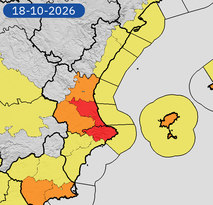 AEMET_CValencia's tweet photo. 18/10 18:48 AVISOS HOY Y MAÑANA | Comunitat Valenciana: lluvias, costeros, tormentas y vientos. Nivel máximo de aviso: rojo.
Actualizaciones en https://t.co/R3Fs2JzKgr https://t.co/m7eTyohQXA