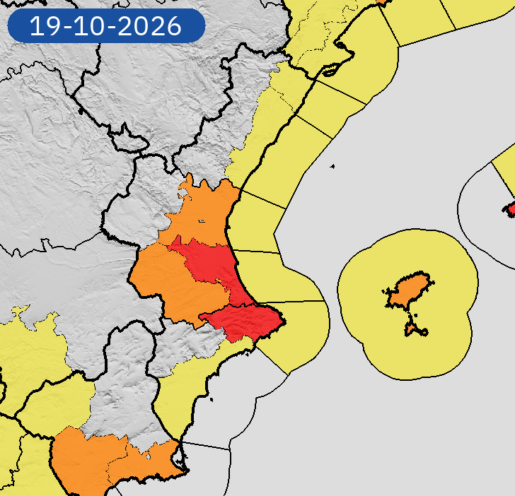 AEMET_CValencia's tweet photo. 18/10 18:48 AVISOS HOY Y MAÑANA | Comunitat Valenciana: lluvias, costeros, tormentas y vientos. Nivel máximo de aviso: rojo.
Actualizaciones en https://t.co/R3Fs2JzKgr https://t.co/m7eTyohQXA