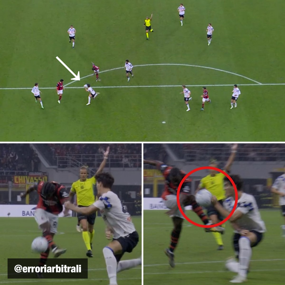 erroriarbitrali's tweet photo. #MilanAtalanta | poco da dire sul rigore che porta in vantaggio i rossoneri a San Siro al 24esimo: sul tiro di Musah il braccio sinistro di Obric è largo in opposizione al tiro (📸 DAZN).

✅ rigore "facile" che Chiffi avrebbe però dovuto già vedere dal campo: corretto quindi l'intervento VAR per richiamo a OFR.

#acmilan #atalanta #SerieAEnilive