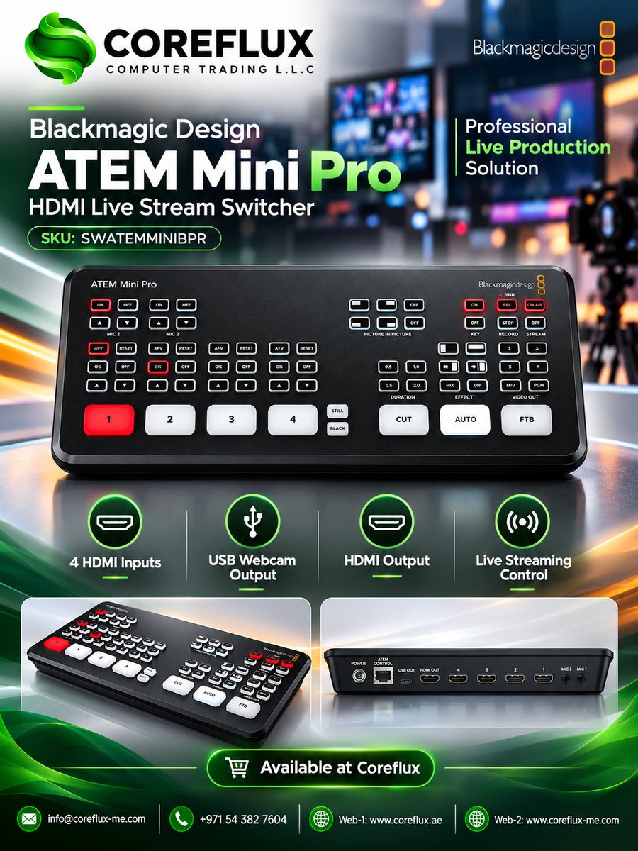 CorefluxLLC's tweet photo. Create professional live productions with the Blackmagic Design ATEM Mini Pro.
4 HDMI inputs, USB webcam output, HDMI output and built-in live streaming control.
Available at Coreflux.
#BlackmagicDesign #ATEMMiniPro #LiveStreaming #VideoProduction #Coreflux https://t.co/N82C3y8htU