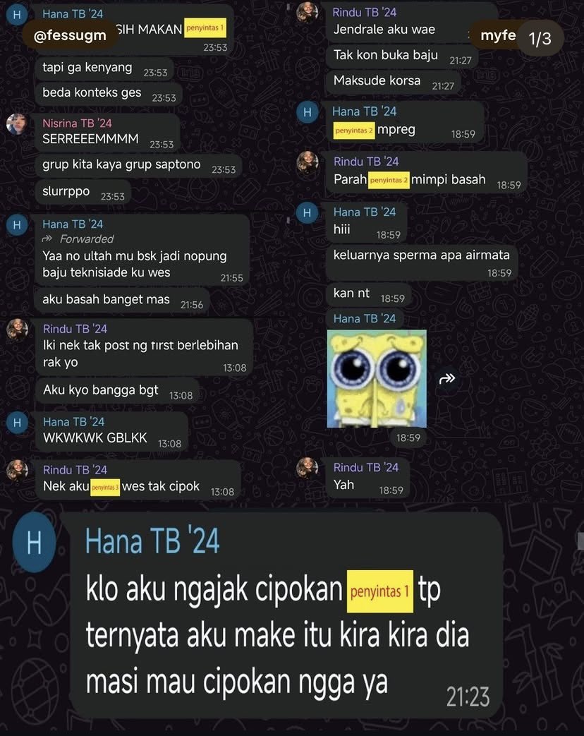 Langleyroiv's tweet photo. @UGM_FESS Ini data 3 Orang yang ada di SSan yang ada di postingan Instagram FessUgm

Data Mahasiswa :
Hana Amalia Nur Azizah (Bendaraha Umum KMTETI, TB 24)
Lailatussyifa Rindu Pramestiani (Staff Sosmas KMTETI, TB 24)
Nisrina Puspita Nirwana

Username IG :
Hanamlna (Hana)
Starinduu (Rindu) https://t.co/yjJOuOco18