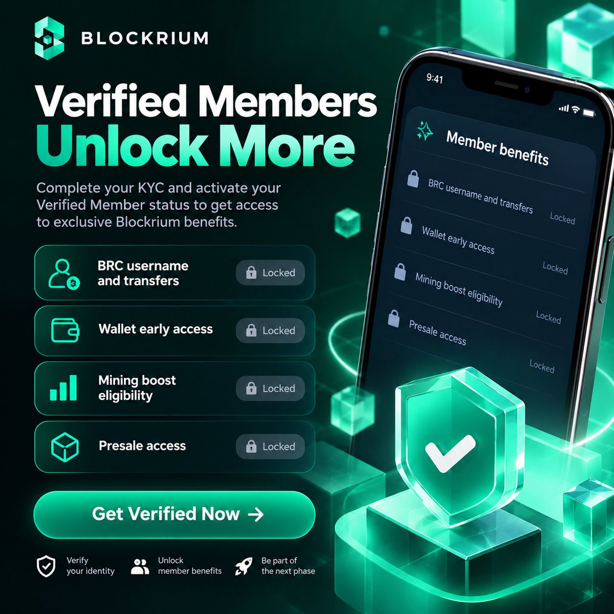 Blockrium's tweet photo. 🚀 Verified Members Unlock More on Blockrium

Complete your KYC and activate your Verified Member status to unlock access to exclusive Blockrium benefits:

🔓 BRC Username & Transfers
🔓 Wallet Early Access
🔓 Mining Boost Eligibility
🔓 Presale Access

Your verification is more than a badge — it unlocks the next level of your Blockrium journey.

📲 Open the official Blockrium app and check if your KYC slot is available.

Get verified. Unlock more. Move forward with Blockrium.

Access to individual features may remain subject to eligibility, rollout availability, and applicable review requirements.

#Blockrium #BRC #KYC #Web3 #Crypto #Blockchain