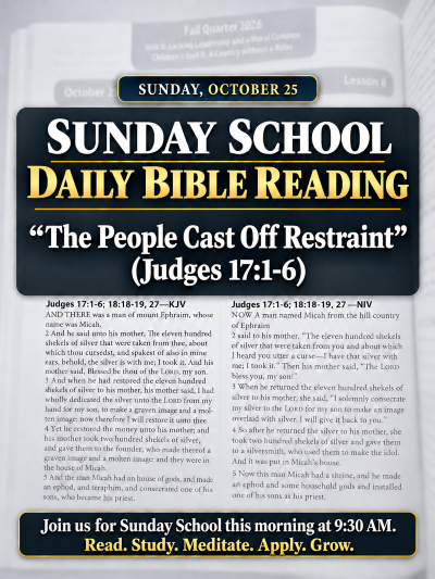STRGERHOPE's tweet photo. SUNDAY, October 25:

God's Works Are Not Forgotten
"The People Cast Off Restraint" (Judges 17:1-6)

Read. Study. Meditate. Apply. Grow https://t.co/CGfChcNnDC