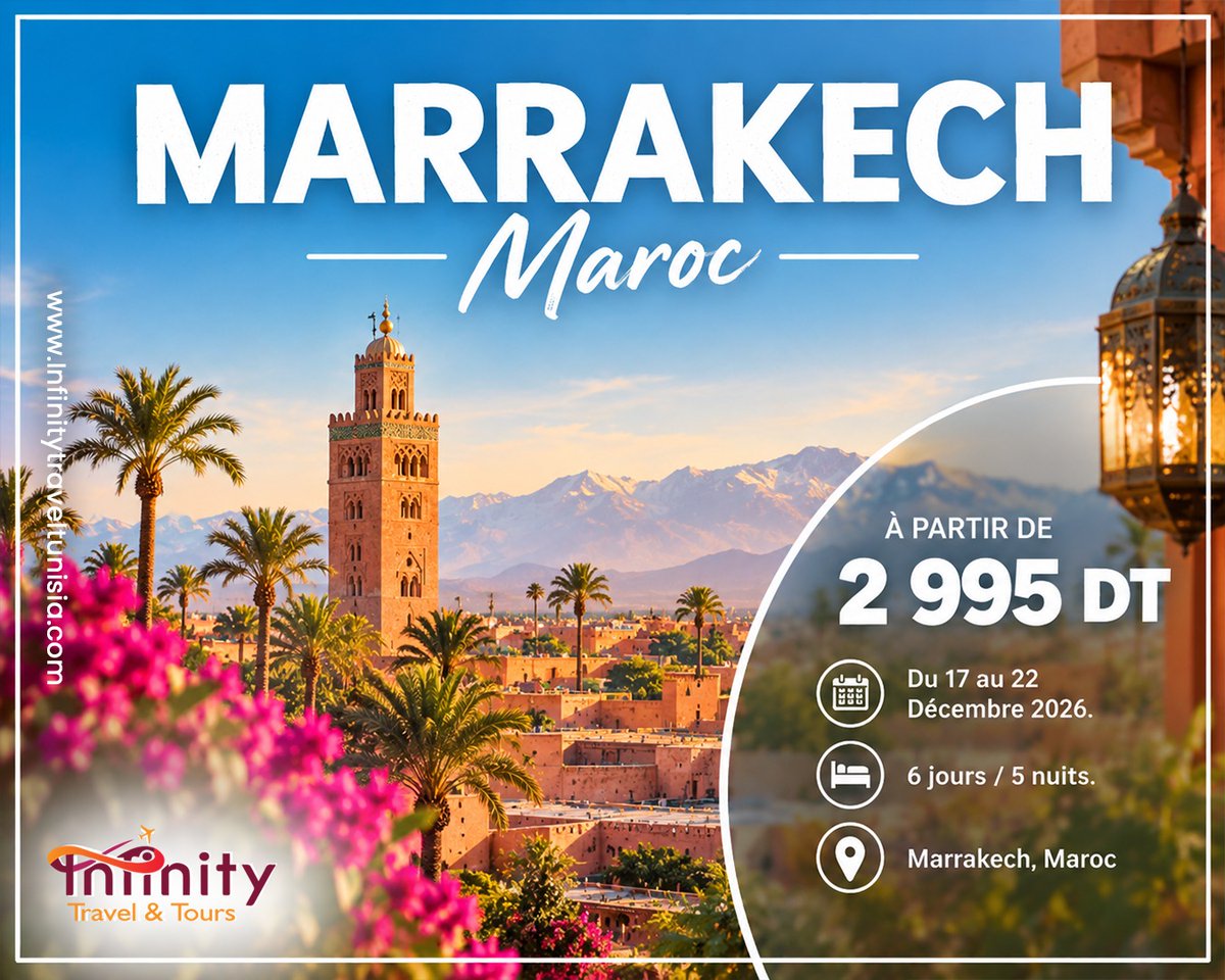 nenitharous's tweet photo. Marrakech vous attend pour 6 jours et 5 nuits de couleurs, de soleil et de découvertes. Souks animés, traditions marocaines et paysages uniques. Du 17 au 22 décembre 2026, à partir de 2 995 DT. https://t.co/pDynBME5nt