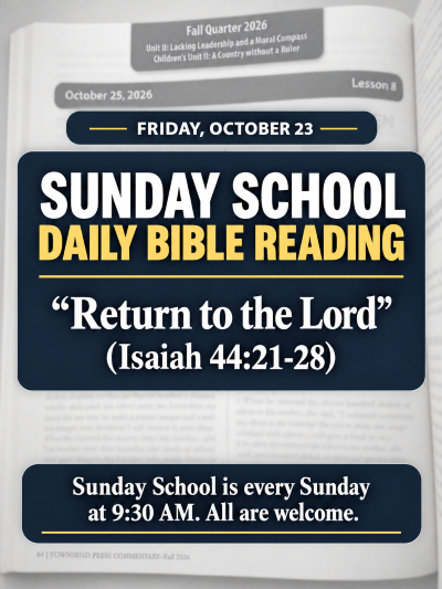STRGERHOPE's tweet photo. Sunday School Daily Bible Reading
FRIDAY, October 23:

God's Works Are Not Forgotten
"Return to the Lord" (Isaiah 44:21-28)

Read. Study. Meditate. Apply. Grow https://t.co/K1mp0dL60m
