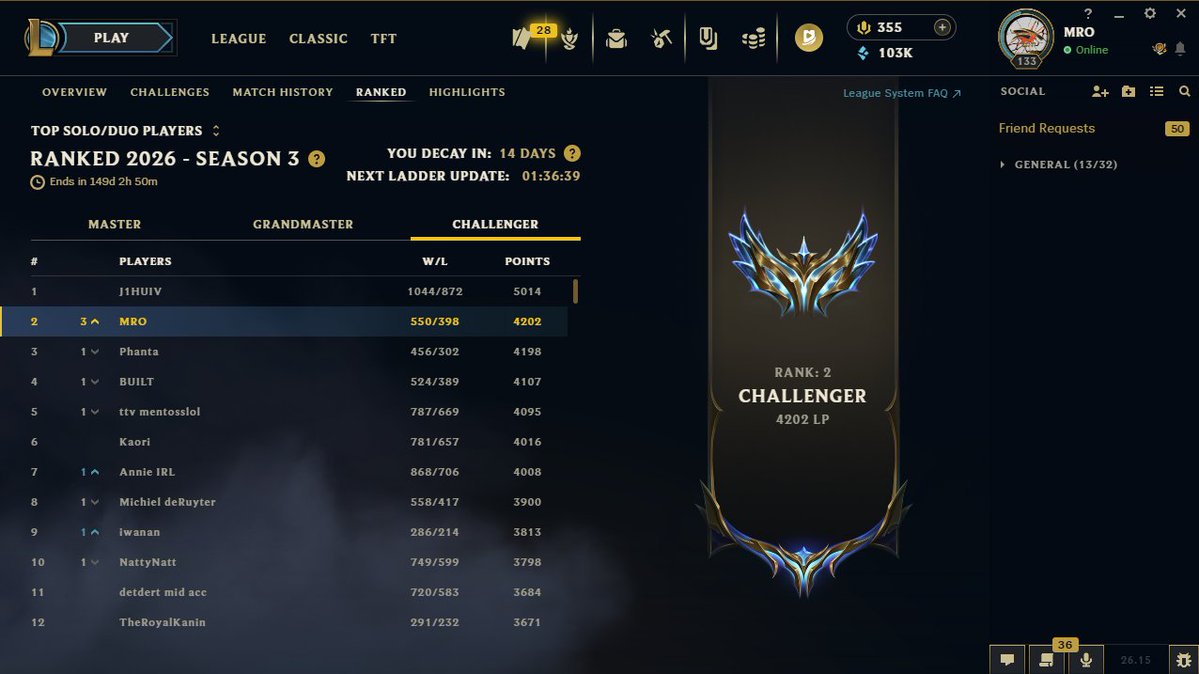 Mrozku's tweet photo. Hello, after a pretty dominant year in Rift Legends, I'm LFT for 2027.

Peaked at rank 2 in soloq and have been consistently top 10 for the past 3 months. Currently rank 4 and still pushing for rank 1.

Contact me on discord mrozkuu or @Imput_lol 
RTs and ❤️ appreciated! https://t.co/fgDgDrIgdZ
