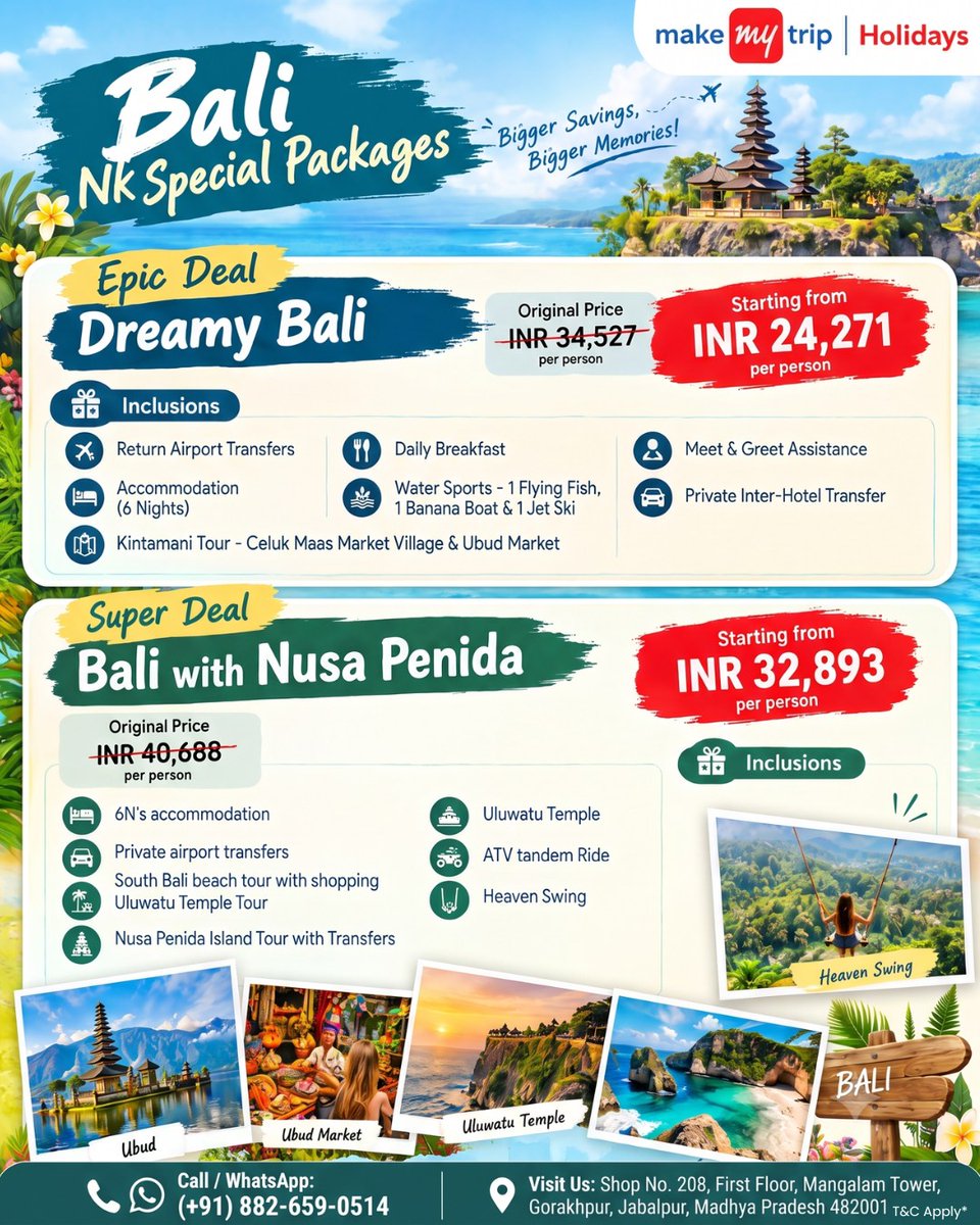 tugbaerdoan's tweet photo. Trade your routine for Bali’s tropical bliss. Explore Ubud, Uluwatu sunsets, water sports, and Nusa Penida beaches. 6-night packages from ₹24, 271/person. DM us or visit our Jabalpur store today. https://t.co/3xNadsaRXo