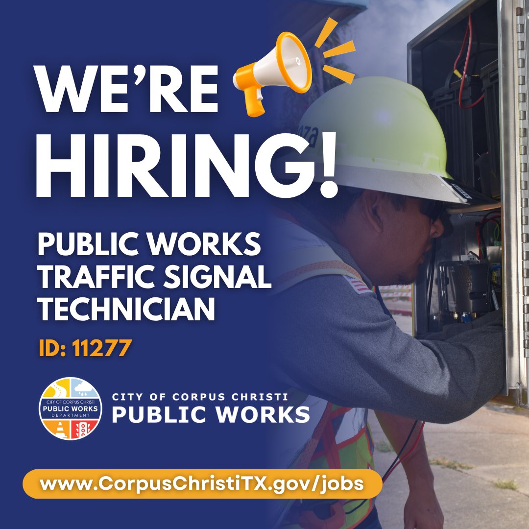 PublicWorksCC's tweet photo. We're looking for a skilled Public Works Traffic Signal Technician to join our Public Works Department! The city offers an excellent benefits package! Apply at https://t.co/dWClWAGu8n by October 26. https://t.co/wrgv3yRjfF