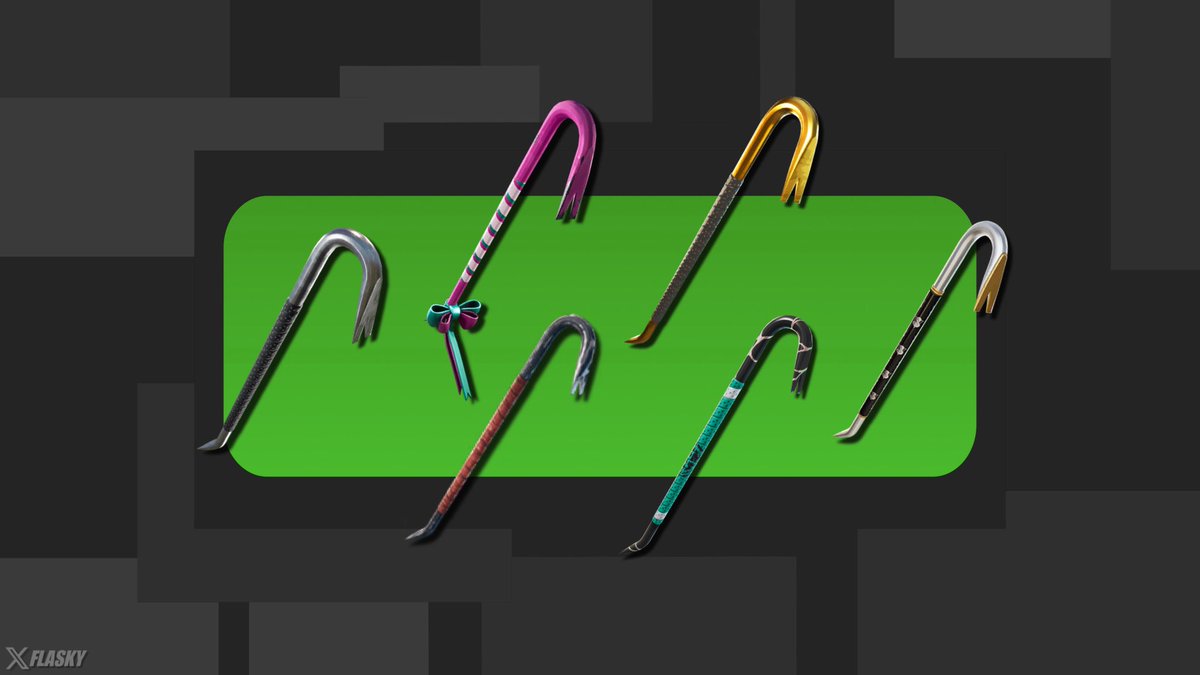 flaskytv's tweet photo. Do you own EVERY Crowbar pickaxe variants ? 🧐

- Crowbar : High Stakes challenges
- Bold Bar : Shop
- Gold Crow : Shop
- The Vault Guardian : Free / Shop
- Competitor’s Prybar : Cup / Shop
- Tarnished Crowbar : Safety in Numbers challenges

#FlaskyCosmeticsFN https://t.co/fT0NhAS5RO