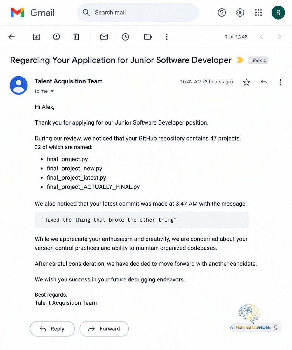 AIPythonHub's tweet photo. May this not happen to any Junior Developer here looking for a job🙏 https://t.co/6Va3t7Wen3