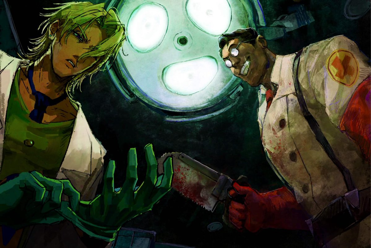 NMELLE_'s tweet photo. Art collab with @hammermanego 
#jjba #tf2 https://t.co/YEGF7uuVvg