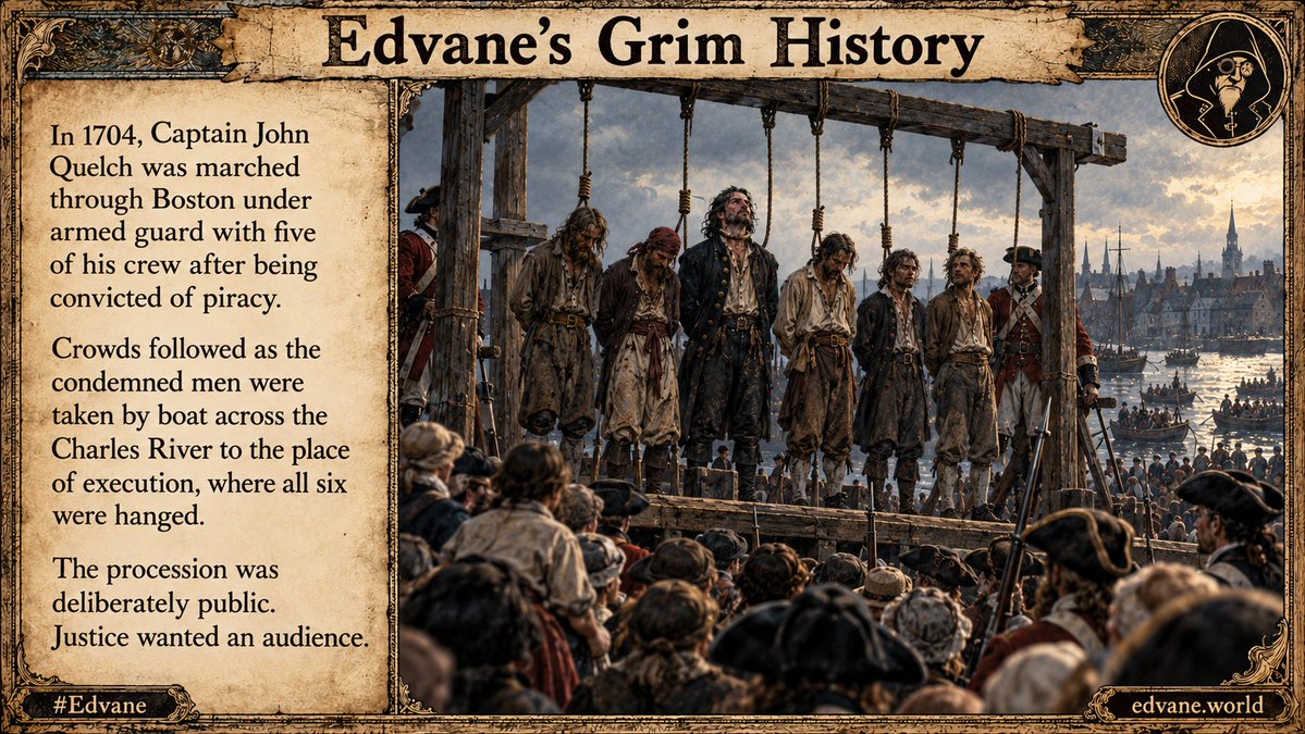 Edvane67's tweet photo. In 1704, Captain John Quelch was marched through Boston under armed guard with five of his crew after being convicted of piracy.

Crowds followed as the condemned men were taken by boat across the Charles River to the place of execution, where all six were hanged.

The procession was deliberately public.

Justice wanted an audience. #Edvane #GrimHistory