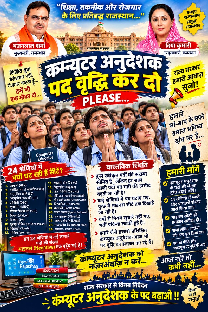 GauravY70814554's tweet photo. #कंप्यूटर_अनुदेशक_पद_बढ़ाओ

(वादों में रोजगार बहुत,भर्ती में पद कम क्यों हैं?

युवाओं के इन सपनों पर, इतने सारे ग़म क्यों हैं?
कंप्यूटर पढ़ाकर भी हमने, यही सिला अब पाया है,

पद वृद्धि की आस में देखो, युवा दर-दर भटकाया है!)
@alokrajRSSB @KumariDiya @RajCMO @Ra_THORe https://t.co/eiUoKTttKp