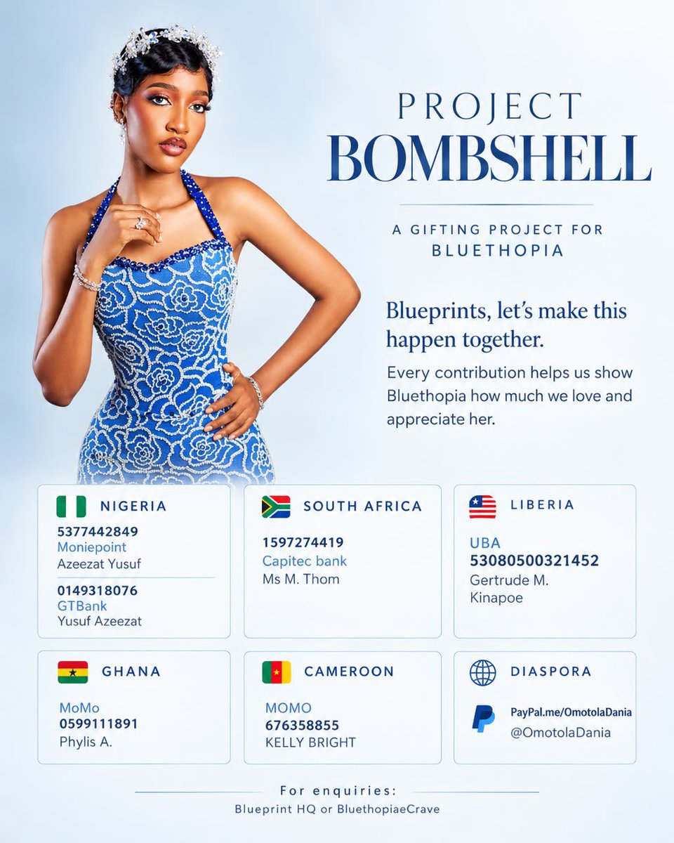theblueprinthq_'s tweet photo. Blueprints, this is our opportunity to show BLUETHOPIA just how deeply she is loved and appreciated. 

From Nigeria to South Africa,Liberia, Ghana, Cameroon, and the diaspora, let’s unite as one family and make PROJECT BOMBSHELL unforgettable! 

I PRESENT TO YOU PROJECT BOMBSHELL https://t.co/wMpwAVCjfs