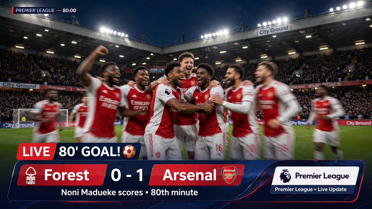 EuroSports_L's tweet photo. 𝐏𝐫𝐞𝐦𝐢𝐞𝐫 𝐋𝐞𝐚𝐠𝐮𝐞 — Live 

80' — BREAKTHROUGH AT THE CITY GROUND! 🔴⚪

80' GOAL! ⚽️

Nott'm Forest 0-1 Arsenal

NONI MADUEKE breaks the deadlock! 🔥 Arsenal finally find the breakthrough late at the City Ground!

Can Forest respond? 👀

#NFOARS #Arsenal #NoniMadueke #PremierLeague #Live #COYG #NFFC