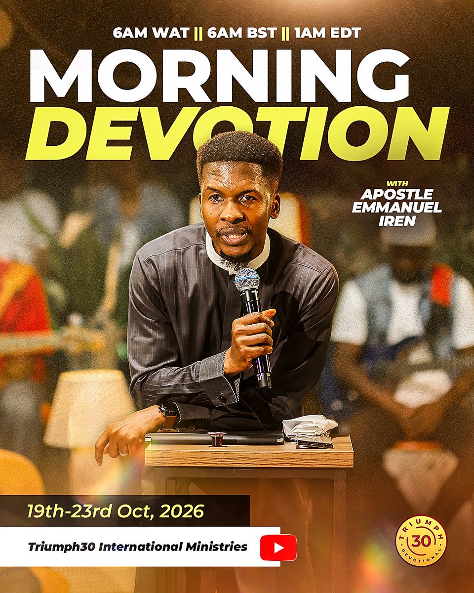t30devotion's tweet photo. We continue our study on Hebrews this week at Triumph30!

Join us this Monday to Friday for Morning Devotion with Apostle Emmanuel Iren as we pray, worship, and study the Word together.

🕕 6:00AM WAT
📍 Triumph30 International Ministries YouTube Channel

Keep the altar burning https://t.co/y4sZTMexJs