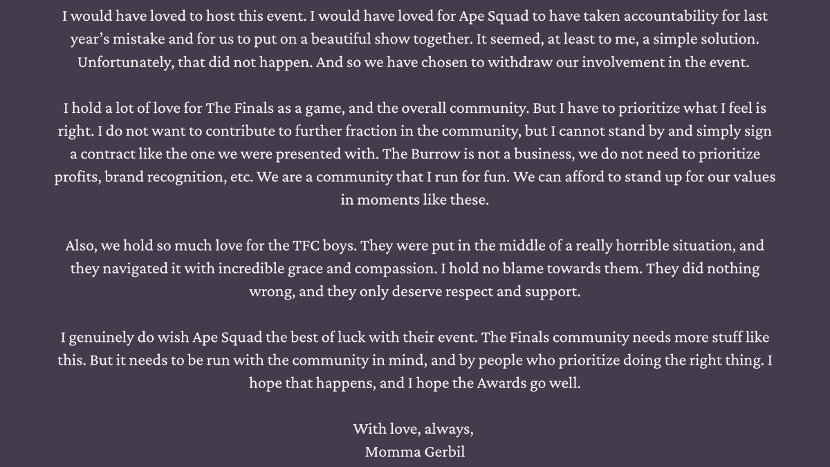 TheBurrowTF's tweet photo. The Burrow will not be involved in the next Contestant Choice Awards. I hope you understand our decision and the genuine thought put into it. This is not something I enjoy having to post, but I firmly believe a healthy community is one that learns from mistakes. https://t.co/BzbBWFbiKe