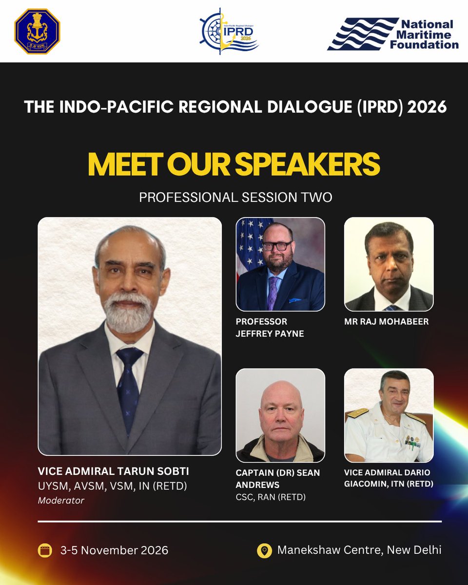 nmfindia's tweet photo. You can't see it. But it powers your world. 🌐
Cables, ports and pipelines keep life running.

At #IPRD2026, Professional Session 2: Maritime Situational Awareness and Protection of Critical Maritime Infrastructure asks how we keep them safe. 👇
🎙️ VAdm Tarun Sobti (Retd), Former Deputy Chief of the Naval Staff (Moderator).

🔹 Prof Jeffrey Payne, Associate Professor, NESA Center for Strategic Studies, National Defense University, Washington DC.
.
🔹 Mr Raj Mohabeer, Officer in Charge, General Secretariat, Indian Ocean Commission @commission_coi.

🔹 Capt (Dr) Sean Andrews, RAN (Retd), Senior Research Fellow, The Changing Character of War Centre, Oxford University.

🔹 VAdm Dario Giacomin, ITN (Retd), Senior Vice President (Underwater), Fincantieri, Rome.

Curious about maritime security and the seabed? This is your room. 🌊

📍 Manekshaw Centre | Day 1, 3 November 2026

Register now👉 https://t.co/oJlLdXmXqJ

#IPRD2026 #IndoPacific #IndianNavy #MaritimeSecurity #MaritimeDomainAwareness #UnderseaInfrastructure #NationalMaritimeFoundation