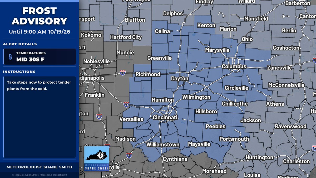 SSmithWeather's tweet photo. 1:22 PM ET 10/18/26: A Frost Advisory has been issued for Wayne, Fayette &amp; Union, OH and parts of east central/southeast IN, northeast/northern KY, and central/southwest/west central OH from 1 AM to 9 AM EDT Monday. Temps in the mid 30s may form frost; cover sensitive plants. https://t.co/eJTAeEjoBr