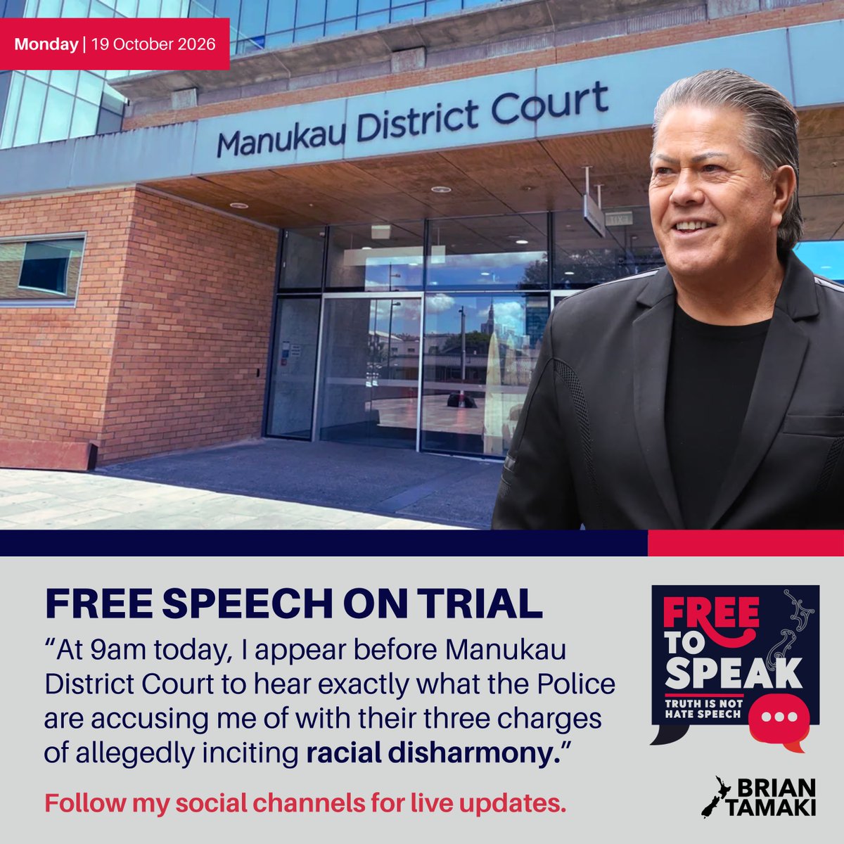 BrianTamakiNZ's tweet photo. TODAY, FREE SPEECH ON TRIAL

Today at 9am, I will appear before the Manukau District Court facing three charges of allegedly inciting racial disharmony.

I intend to find out exactly what the Police are accusing me of.

LET ME BE CLEAR.

I have challenged RELIGION. NOT RACE.

I have spoken about the persecution of Christians, the human rights abuses of political leaders (such as Modi), and foreign religions that I fundamentally disagree with.

RACIAL DISHARMONY? NO!

At a stretch, you could argue religious disharmony.

But I am a Christian preacher. Challenging religious beliefs is part of my calling. I believe New Zealand was founded on Christian principles, and I will not apologise for defending them.

DISAGREEMENT IS NOT RACISM.

People may dislike what I say. They may strongly disagree. They may even be offended.

BUT BEING OFFENDED DOES NOT MAKE SOMETHING A CRIME!

I believe these charges are unjustified and should be thrown out.

And if the Police are genuinely concerned about racial division in New Zealand, perhaps they should take a closer look at the politicians in Parliament who have divided this nation.

BUT THIS CASE IS BIGGER THAN ME.

This is about the fundamental freedoms of EVERY New Zealander.

The freedom to speak.
The freedom to question.
The freedom to challenge.

AND THE FREEDOM TO DISAGREE WITHOUT FEAR OF PROSECUTION.

This case could become a defining moment for free speech in New Zealand.

I recognise the responsibility that now rests upon me.

I am not standing here simply to defend myself.

I am not simply defending myself. I am standing for a principle that belongs to every Kiwi, regardless of race, religion or political belief.

FREE SPEECH DOES NOT BELONG TO THE GOVERNMENT.
IT DOES NOT BELONG TO THE POLICE.
IT BELONGS TO THE PEOPLE.

We must never become a nation where ordinary Kiwis are afraid to speak their minds because they fear being dragged before the courts.

I will defend my position firmly, through the proper legal process.

I will not be intimidated into silence.

And I will continue to speak up for the freedoms of all New Zealanders.

TRUTH IS NOT HATE SPEECH.

FREE SPEECH IS WORTH DEFENDING.