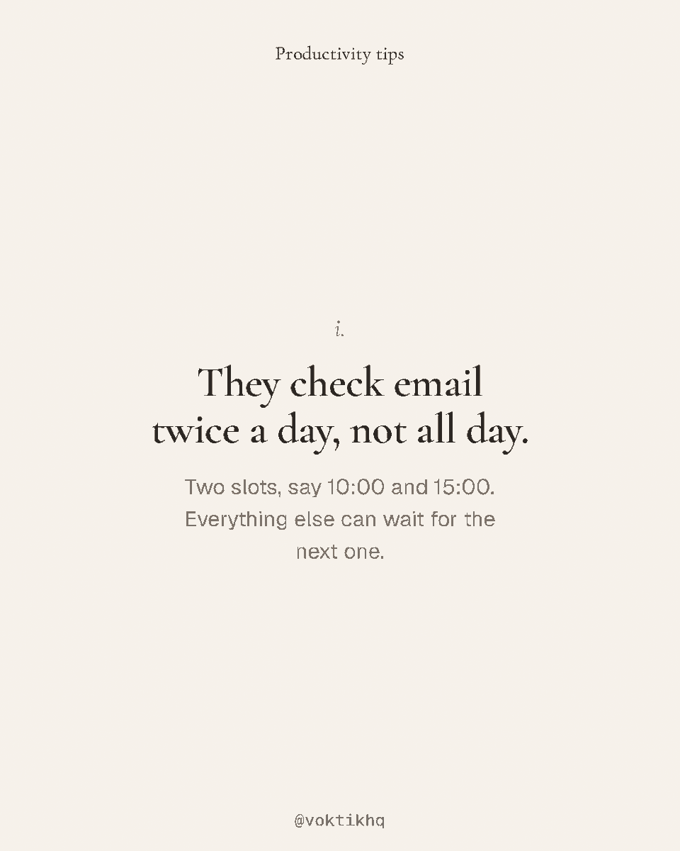voktikhq's tweet photo. How organised people get through their inbox: email twice a day, two-minute replies now, a "waiting on" list, and the long replies said out loud instead of typed. https://t.co/VkM4rdTIJG