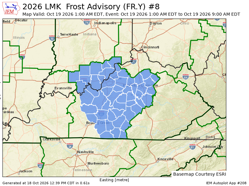 hobgsit's tweet photo. LMK issues Frost Advisory valid at Oct 19, 1:00 AM EDT for 10 forecast zones in [IN] and 42 forecast zones in [KY] till Oct 19, 9:00 AM EDT https://t.co/TklTgETKlY https://t.co/XPaiPSDA25