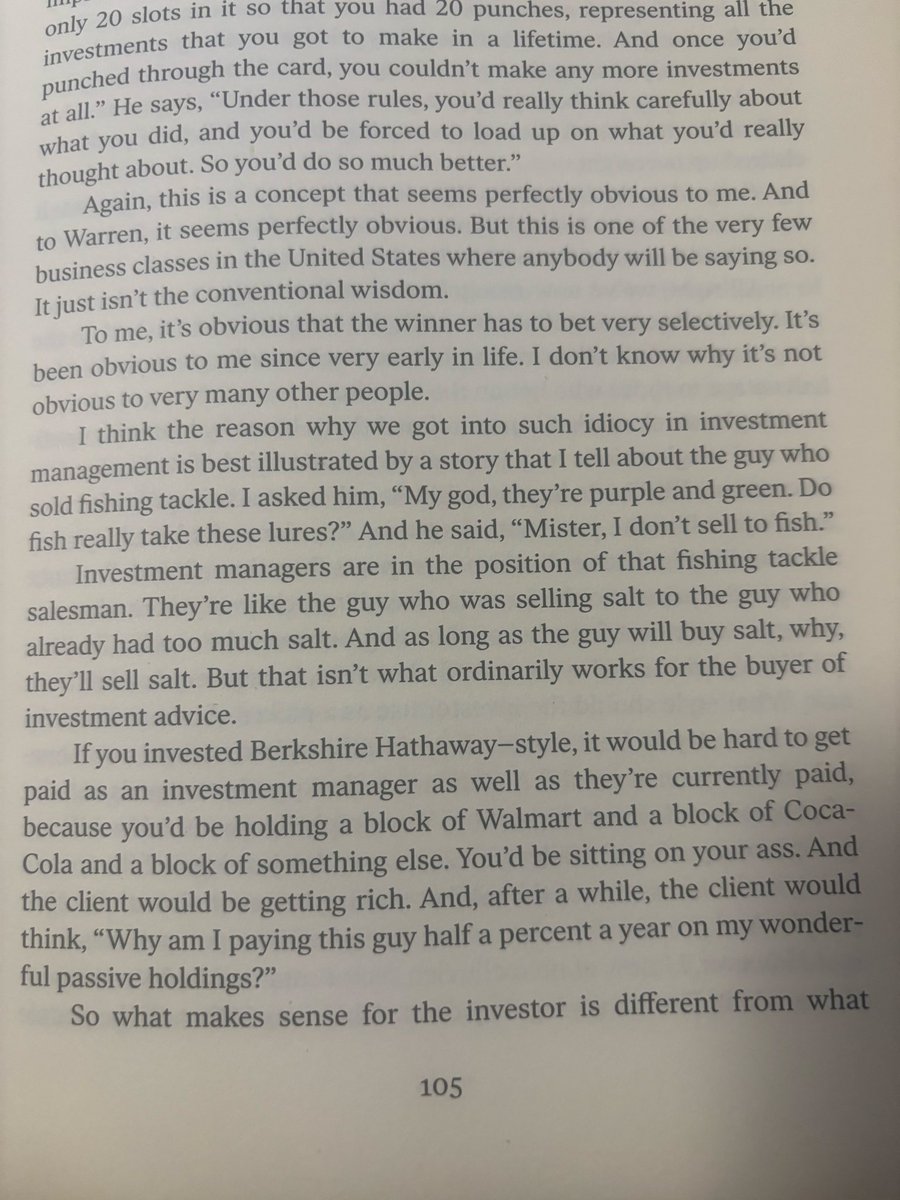 BoringBiz_'s tweet photo. Charlie Munger: “The reason we get into such idiocy in investment management is best illustrated by a story that I tell about the guy who sold fish tackle. 

I asked him ‘My god, they are purple and green. Do fish really take these lures?’ And he said ‘Mister, I don’t sell to fish’”