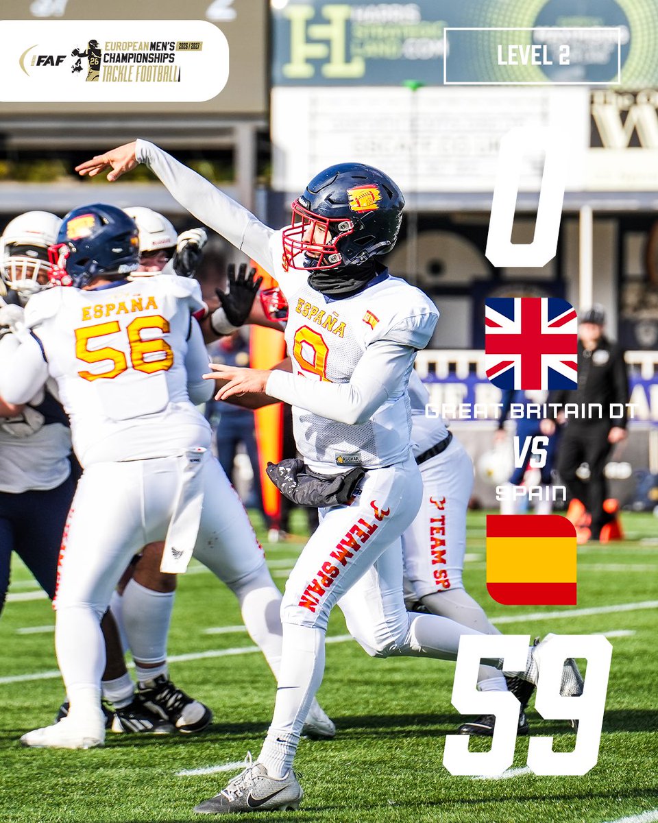 IFAFMedia's tweet photo. Spain🇪🇸 returned to IFAF Men’s European Championships action at Level 2 with a 59-0 win away to the Great Britain Development Team🇬🇧 at the Nick Newbold Stadium in Coventry.

Quarterback Ivan Lopez Sastre threw six touchdowns with four of those going to Adrian Bermudez Campillos.

#TackleFootball #IFAF #EuropeanChampionships