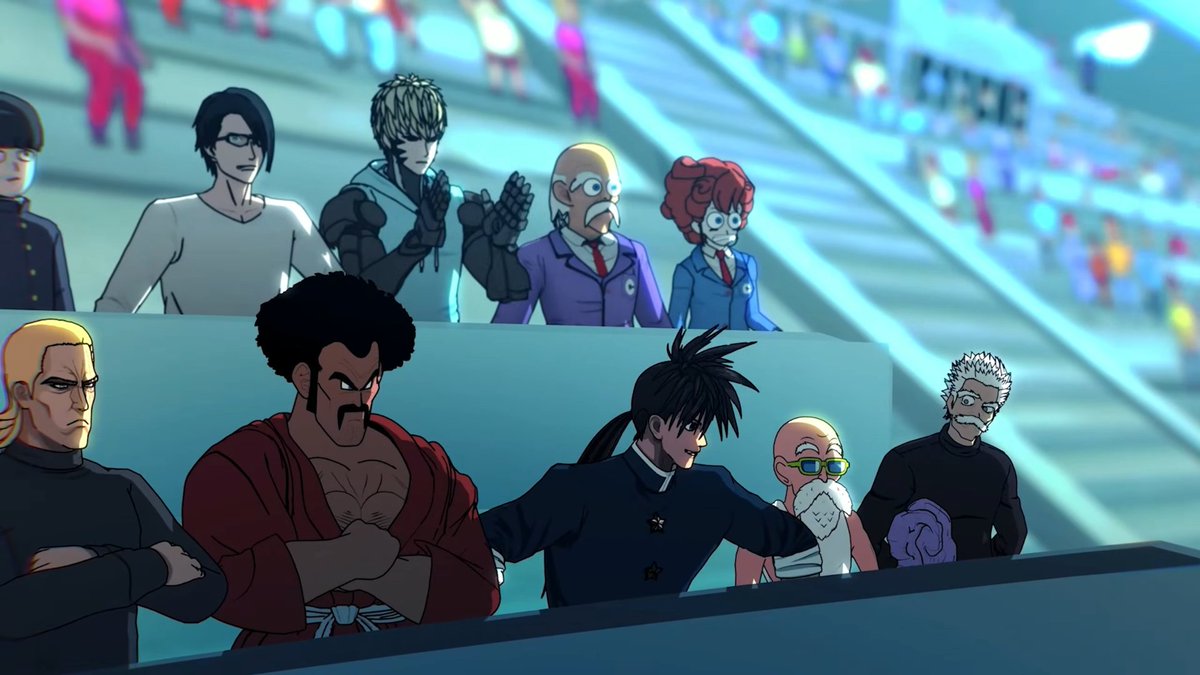 Man0fActi0n's tweet photo. All the easter eggs I could find in Goku VS Saitama:

When Goku gets knocked out of the ring, we see Mob, Dr Genus, Genos, Goku and Piccolos driving instructors, King, Mr Satan, Suyryu, Master Roshi and Bang https://t.co/oiS3jBGUL7