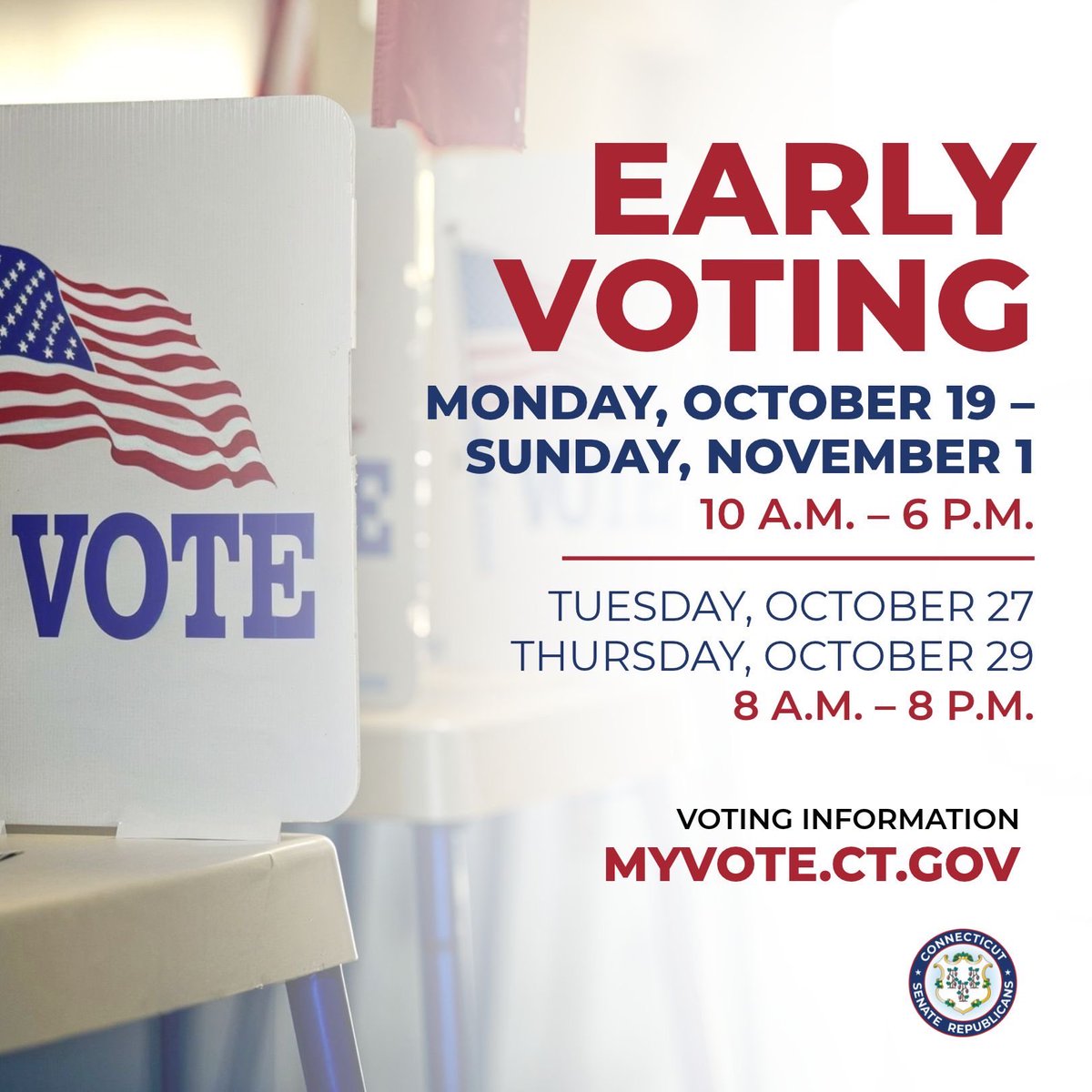 CTSenateGOP's tweet photo. 🗳️Early voting starts today in Connecticut. Your vote is your voice on the issues that matter most to you, your family, your community and your future. Don't wait until Election Day. Polls are open every day through Nov. 1, weekends included. For more information, please click on the link below in the comments. Vote today and make your voice heard! More info. at https://t.co/rVhoQtnlBw.