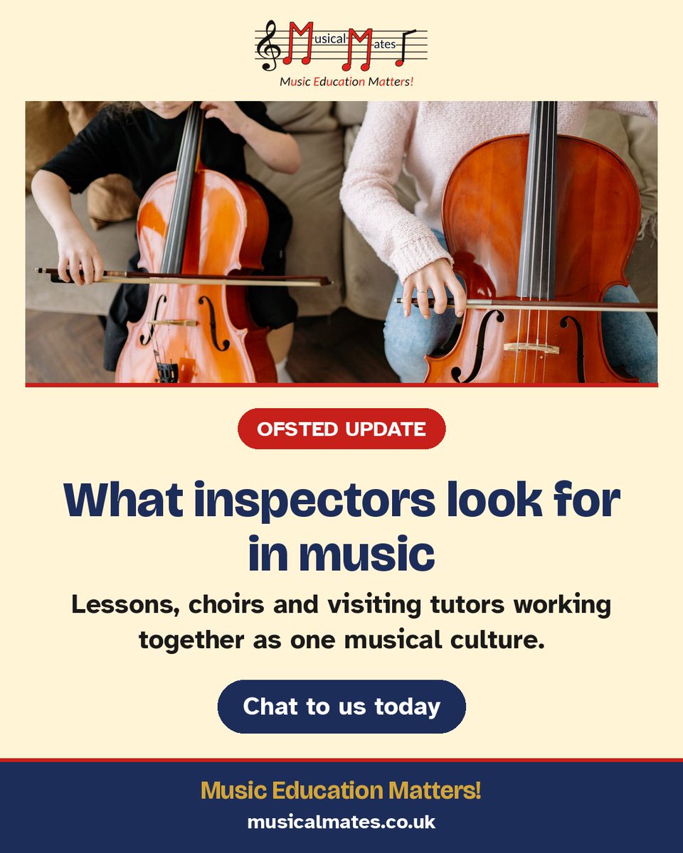 musicalmates's tweet photo. Ofsted's latest music update: inspectors look at your whole musical culture – lessons, choirs, visiting tutors – and how every child progresses. Want help joining it up? Chat to Musical Mates 🎶 https://t.co/efdxbS44En #MusicEducation #PrimaryMusic https://t.co/4YnG6jr4Sm