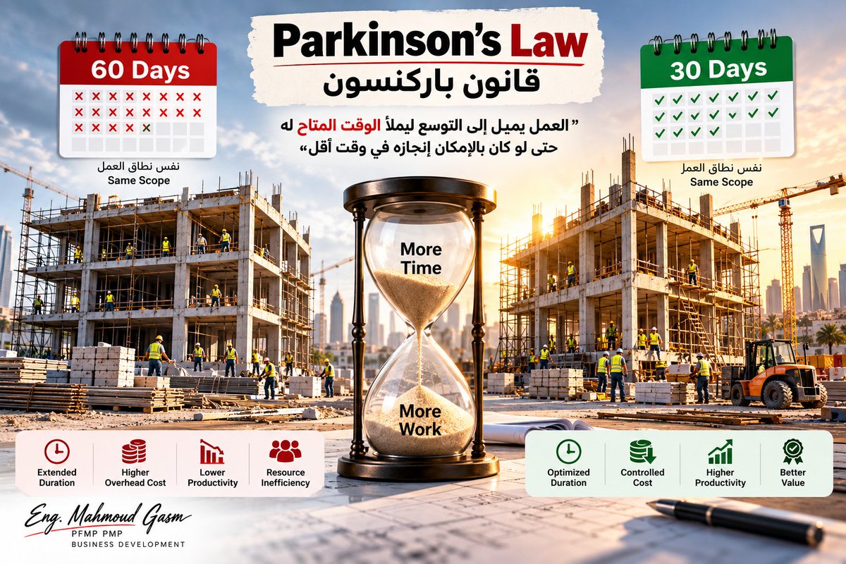 magmoudgasm's tweet photo. ⚠️ Parkinson’s Law قانون باركنسون

لماذا تستغرق بعض المشاريع وقتًا أطول من اللازم؟

لأن العمل يتمدد ليملأ الوقت المتاح!

كلما زادت المدة دون ضوابط زادت احتمالات الهدر وضعف الإنتاجية

🎯 الالتزام بالجدول الزمني لا يعني بالضرورة كفاءة إدارة المشروع!

#إدارة_المشاريع #PMP #المقاولات https://t.co/iCyWyURBHo