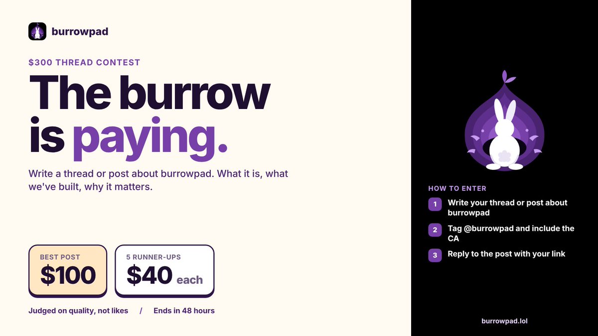 burrowpad's tweet photo. THE BURROW IS PAYING.

$300 thread contest.

Write a thread or post about burrowpad. What it is, what we’ve built, why it matters.

Prizes:
Best post: $100
5 runner-ups: $40 each
How to enter:
Write your thread or post about burrowpad

Tag @burrowpad and include the CA

Reply to this post with your link
Judged on quality, not likes. Bots get nothing.
Ends in 48 hours.

What to write about: the .onion launchpad, ghost and sealed launches, layered chats, .burrow names, the Zcash and Monero dark pool, the bounty market, AI agent launches, and 35M robinhood:0xb39619059eff1f992e157d32ff3e21407ca3233a burned.

Dig in.

CA: 0xb39619059eff1f992e157d32ff3e21407ca3233a