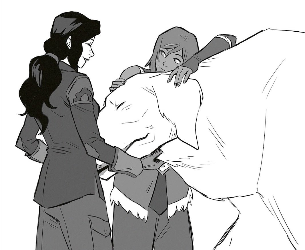 asamixkorra's tweet photo. I absolutely love this Korrasami art from the comics. Asami rubbing Naga's chin, unaware of how Korra is staring lovingly at her? PLEASE https://t.co/WOkD1ihdJ4